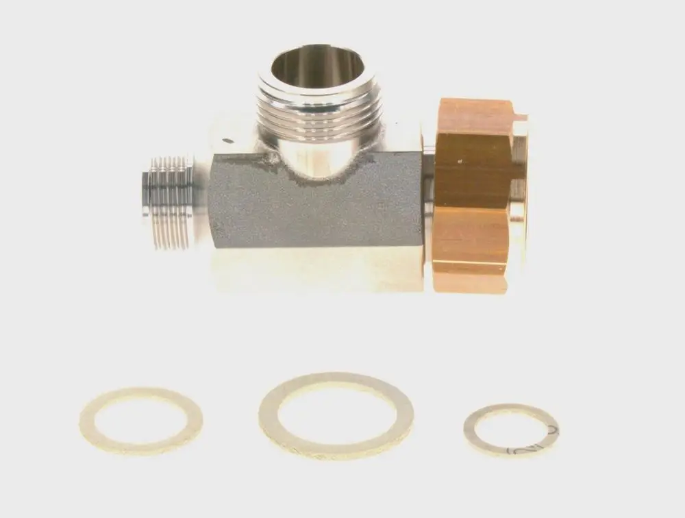 Bosch Anschlussrohr WW Adapter aus Metall mit drei Dichtungen, geeignet für Rohrverbindungen. Der Adapter hat ein gewindeartiges Design für einen sicheren Anschluss.